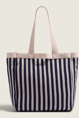 2025 Summer Striped Canvas Tote Bag for Women - Large Capacity Shoulder Handbag for Students and Commuters