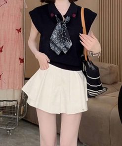 2025 Summer Stylish Sleeveless Polo Neck Knitted Top & Slimming Versatile Skirt Pants Casual Set for Women - Y2K Inspired Fashion
