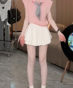 2025 Summer Stylish Sleeveless Polo Neck Knitted Top & Slimming Versatile Skirt Pants Casual Set for Women - Y2K Inspired Fashion