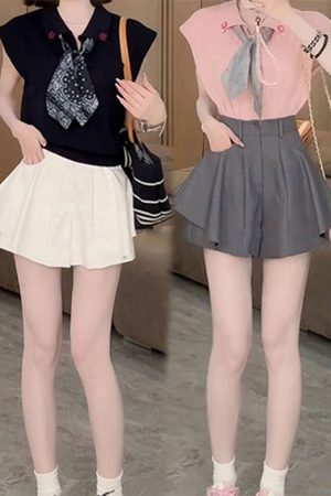 2025 Summer Stylish Sleeveless Polo Neck Knitted Top & Slimming Versatile Skirt Pants Casual Set for Women - Y2K Inspired Fashion