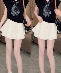 2025 Summer Stylish Sleeveless Polo Neck Knitted Top & Slimming Versatile Skirt Pants Casual Set for Women - Y2K Inspired Fashion