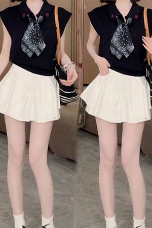 2025 Summer Stylish Sleeveless Polo Neck Knitted Top & Slimming Versatile Skirt Pants Casual Set for Women - Y2K Inspired Fashion