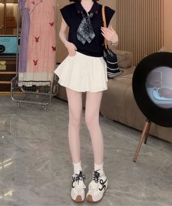 2025 Summer Stylish Sleeveless Polo Neck Knitted Top & Slimming Versatile Skirt Pants Casual Set for Women - Y2K Inspired Fashion