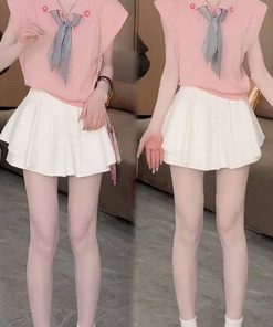 2025 Summer Stylish Sleeveless Polo Neck Knitted Top & Slimming Versatile Skirt Pants Casual Set for Women - Y2K Inspired Fashion