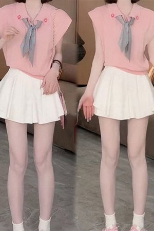 2025 Summer Stylish Sleeveless Polo Neck Knitted Top & Slimming Versatile Skirt Pants Casual Set for Women - Y2K Inspired Fashion