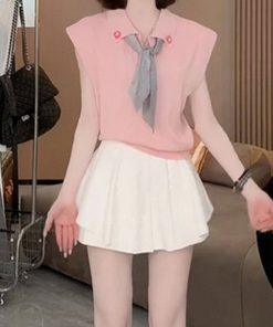 2025 Summer Stylish Sleeveless Polo Neck Knitted Top & Slimming Versatile Skirt Pants Casual Set for Women - Y2K Inspired Fashion