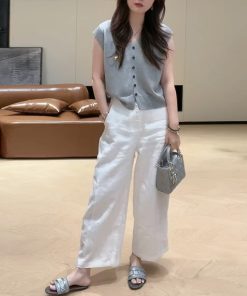 2025 Summer V-Neck Knitted Short Sleeve Top with Button + High-Waisted Wide-Leg Pants Set - Simple Solid Color Fashion