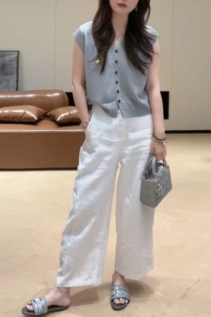 2025 Summer V-Neck Knitted Short Sleeve Top with Button + High-Waisted Wide-Leg Pants Set - Simple Solid Color Fashion