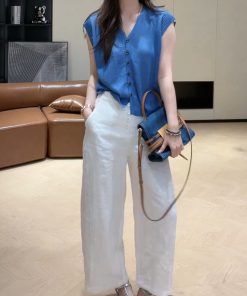 2025 Summer V-Neck Knitted Short Sleeve Top with Button + High-Waisted Wide-Leg Pants Set - Simple Solid Color Fashion