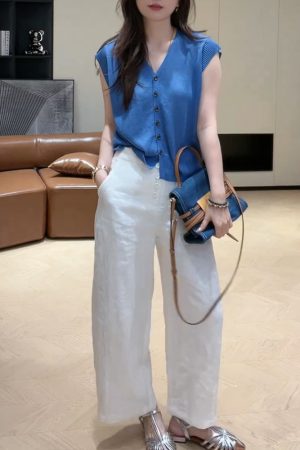2025 Summer V-Neck Knitted Short Sleeve Top with Button + High-Waisted Wide-Leg Pants Set - Simple Solid Color Fashion