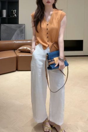 2025 Summer V-Neck Knitted Short Sleeve Top with Button + High-Waisted Wide-Leg Pants Set - Simple Solid Color Fashion