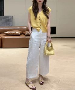 2025 Summer V-Neck Knitted Short Sleeve Top with Button + High-Waisted Wide-Leg Pants Set - Simple Solid Color Fashion