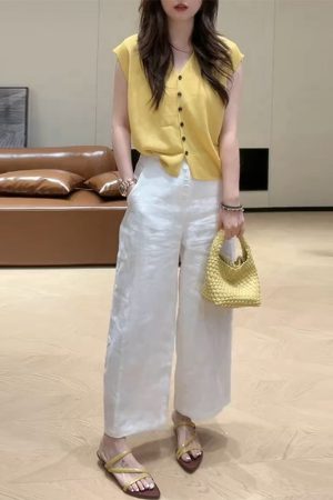 2025 Summer V-Neck Knitted Short Sleeve Top with Button + High-Waisted Wide-Leg Pants Set - Simple Solid Color Fashion