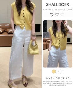 2025 Summer V-Neck Knitted Short Sleeve Top with Button + High-Waisted Wide-Leg Pants Set - Simple Solid Color Fashion