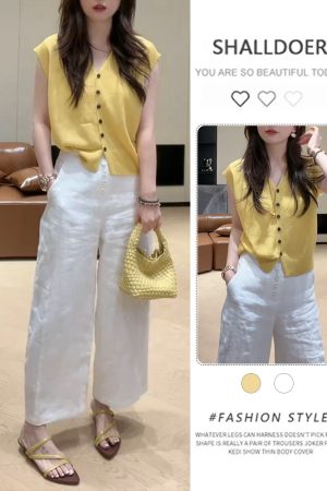 2025 Summer V-Neck Knitted Short Sleeve Top with Button + High-Waisted Wide-Leg Pants Set - Simple Solid Color Fashion