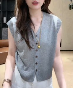 2025 Summer V-Neck Knitted Short Sleeve Top with Button + High-Waisted Wide-Leg Pants Set - Simple Solid Color Fashion