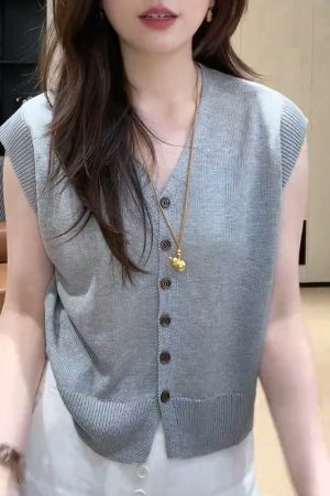 2025 Summer V-Neck Knitted Short Sleeve Top with Button + High-Waisted Wide-Leg Pants Set - Simple Solid Color Fashion