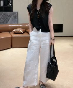 2025 Summer V-Neck Knitted Short Sleeve Top with Button + High-Waisted Wide-Leg Pants Set - Simple Solid Color Fashion