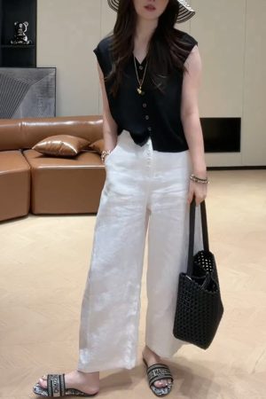 2025 Summer V-Neck Knitted Short Sleeve Top with Button + High-Waisted Wide-Leg Pants Set - Simple Solid Color Fashion