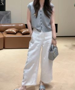 2025 Summer V-Neck Knitted Short Sleeve Top with Button + High-Waisted Wide-Leg Pants Set - Simple Solid Color Fashion