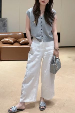 2025 Summer V-Neck Knitted Short Sleeve Top with Button + High-Waisted Wide-Leg Pants Set - Simple Solid Color Fashion