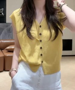 2025 Summer V-Neck Knitted Short Sleeve Top with Button + High-Waisted Wide-Leg Pants Set - Simple Solid Color Fashion