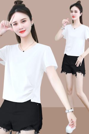 2025 Summer Women's Black Short Sleeve T-Shirt - Pure Cotton Slim Fit with Irregular Design - Trendy Y2K Style