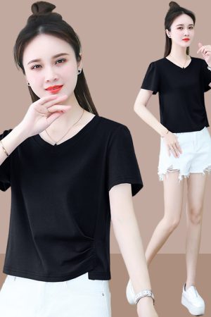 2025 Summer Women's Black Short Sleeve T-Shirt - Pure Cotton Slim Fit with Irregular Design - Trendy Y2K Style