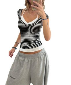 2025 Summer Women's Casual Halter Striped Color-Blocking V-Neck Short Sleeve Top - Versatile Fake Two-Piece T-Shirt