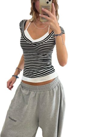 2025 Summer Women's Casual Halter Striped Color-Blocking V-Neck Short Sleeve Top - Versatile Fake Two-Piece T-Shirt