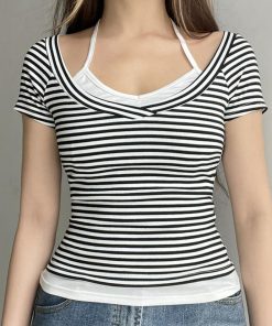 2025 Summer Women's Casual Halter Striped Color-Blocking V-Neck Short Sleeve Top - Versatile Fake Two-Piece T-Shirt