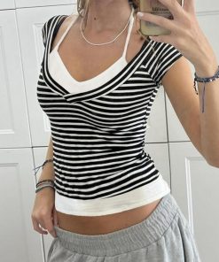 2025 Summer Women's Casual Halter Striped Color-Blocking V-Neck Short Sleeve Top - Versatile Fake Two-Piece T-Shirt