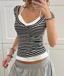 2025 Summer Women's Casual Halter Striped Color-Blocking V-Neck Short Sleeve Top - Versatile Fake Two-Piece T-Shirt