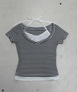 2025 Summer Women's Casual Halter Striped Color-Blocking V-Neck Short Sleeve Top - Versatile Fake Two-Piece T-Shirt
