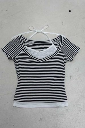 2025 Summer Women's Casual Halter Striped Color-Blocking V-Neck Short Sleeve Top - Versatile Fake Two-Piece T-Shirt