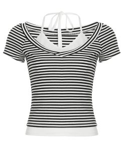 2025 Summer Women's Casual Halter Striped Color-Blocking V-Neck Short Sleeve Top - Versatile Fake Two-Piece T-Shirt