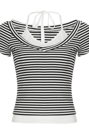 2025 Summer Women's Casual Halter Striped Color-Blocking V-Neck Short Sleeve Top - Versatile Fake Two-Piece T-Shirt