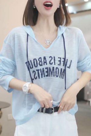2025 Summer Women's Casual Long Sleeve Hooded T-Shirt with Letter Print - Versatile High-End Fashion Essential
