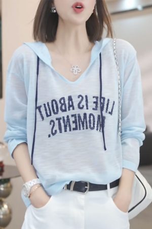 2025 Summer Women's Casual Long Sleeve Hooded T-Shirt with Letter Print - Versatile High-End Fashion Essential
