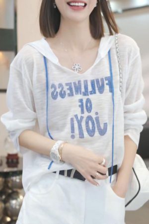 2025 Summer Women's Casual Long Sleeve Hooded T-Shirt with Letter Print - Versatile High-End Fashion Essential