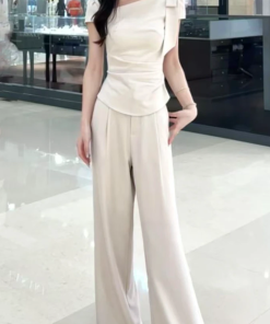 2025 Summer Women's Fashion Set - Diagonal Collar Tie Short Sleeve Top & Straight Casual Pants - Chic Two-Piece Ensemble