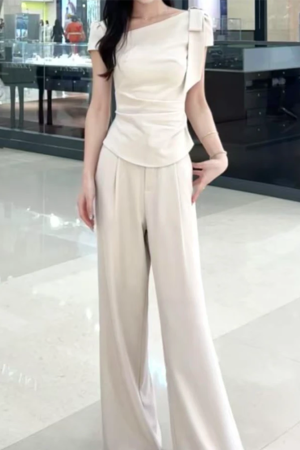 2025 Summer Women's Fashion Set - Diagonal Collar Tie Short Sleeve Top & Straight Casual Pants - Chic Two-Piece Ensemble