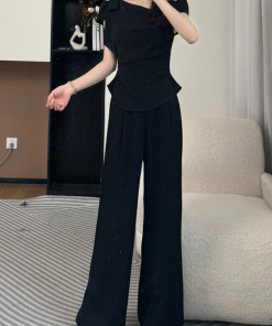 2025 Summer Women's Fashion Set - Diagonal Collar Tie Short Sleeve Top & Straight Casual Pants - Chic Two-Piece Ensemble