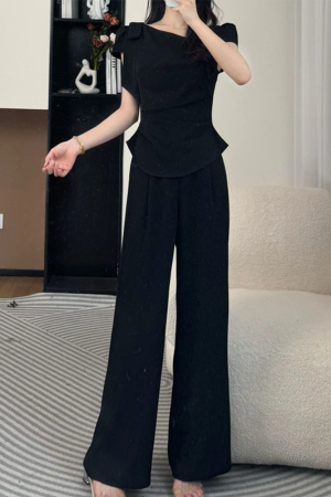 2025 Summer Women's Fashion Set - Diagonal Collar Tie Short Sleeve Top & Straight Casual Pants - Chic Two-Piece Ensemble