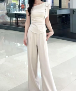 2025 Summer Women's Fashion Set - Diagonal Collar Tie Short Sleeve Top & Straight Casual Pants - Chic Two-Piece Ensemble