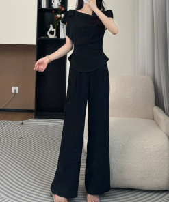 2025 Summer Women's Fashion Set - Diagonal Collar Tie Short Sleeve Top & Straight Casual Pants - Chic Two-Piece Ensemble