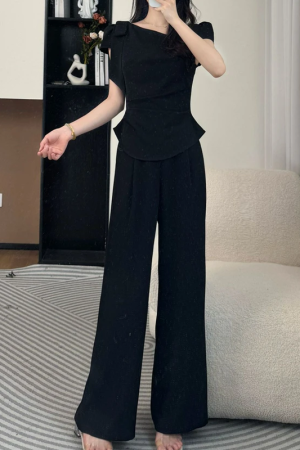 2025 Summer Women's Fashion Set - Diagonal Collar Tie Short Sleeve Top & Straight Casual Pants - Chic Two-Piece Ensemble