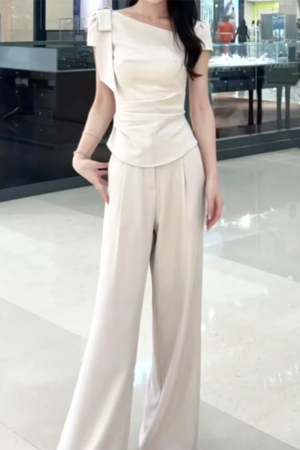 2025 Summer Women's Fashion Set - Diagonal Collar Tie Short Sleeve Top & Straight Casual Pants - Chic Two-Piece Ensemble