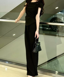 2025 Summer Women's Fashion Set - Diagonal Collar Tie Short Sleeve Top & Straight Casual Pants - Chic Two-Piece Ensemble