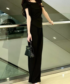 2025 Summer Women's Fashion Set - Diagonal Collar Tie Short Sleeve Top & Straight Casual Pants - Chic Two-Piece Ensemble